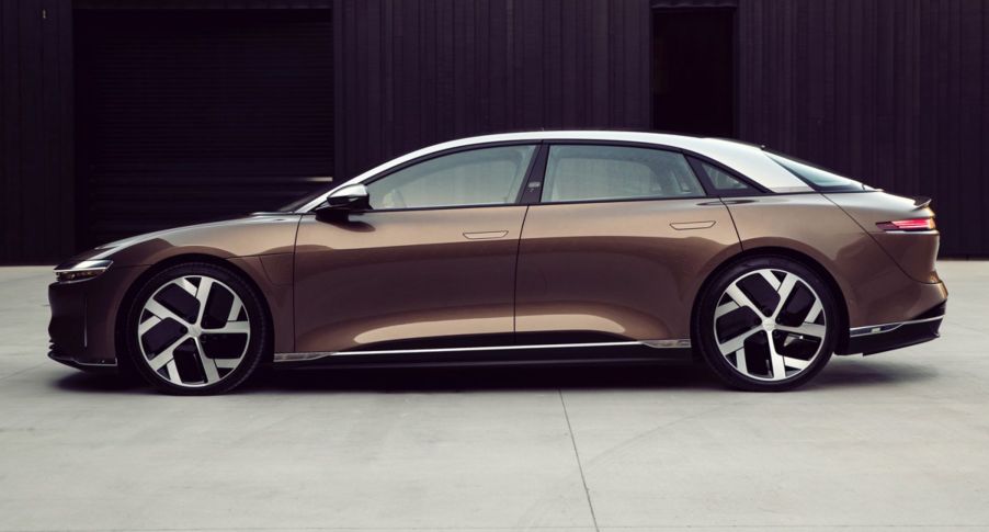 2022 Lucid Air Dream Edition electric vehicle (EV) side shot with a bronze body and white roof