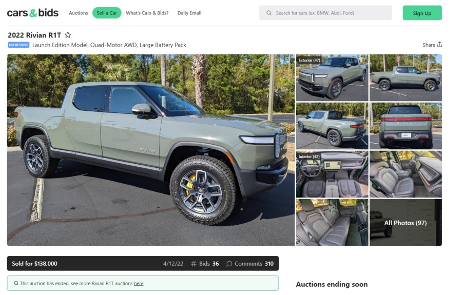 A Rivian R1T at an auction site