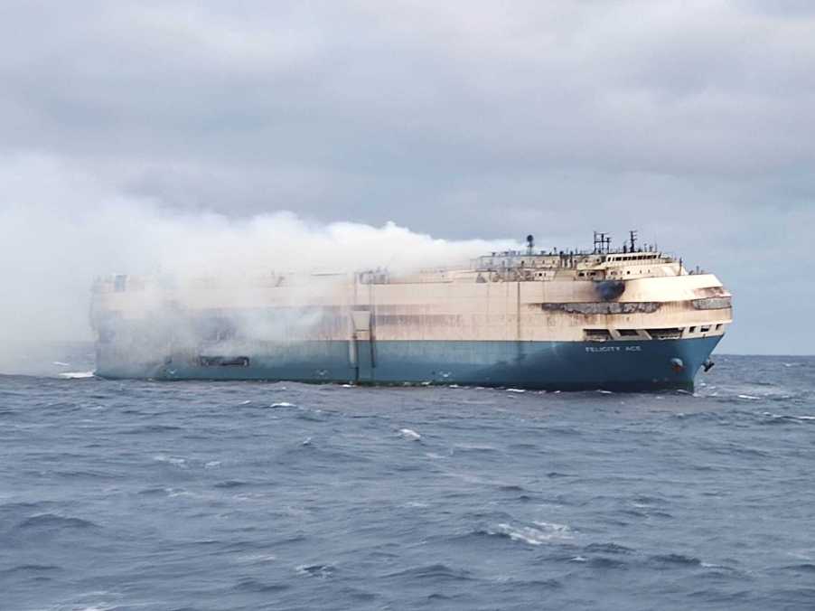 The Felicity Ace, a Ship carrying luxury cars, is on fire and adrift in the middle of the Atlantic Ocean