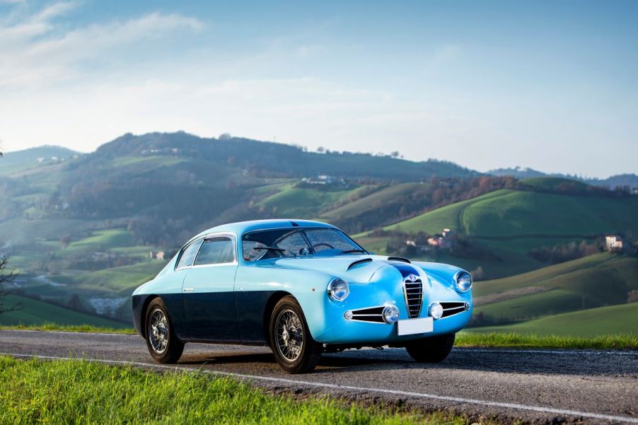 A light blue and black two-tone paint job on a 1955 Alfa Romeo.