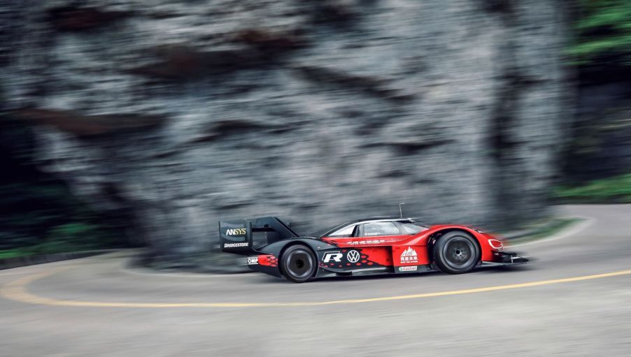 The Volkswagen ID.R electric race car accelerating using instant torque on the Heaven's Gate course in China