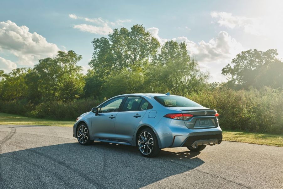 Rear angle view of a silver 2020 Toyota Corolla sedan