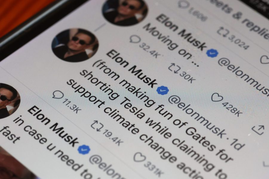 An illustration of Elon Musk tweets circa April 25, 2022 on a smartphone