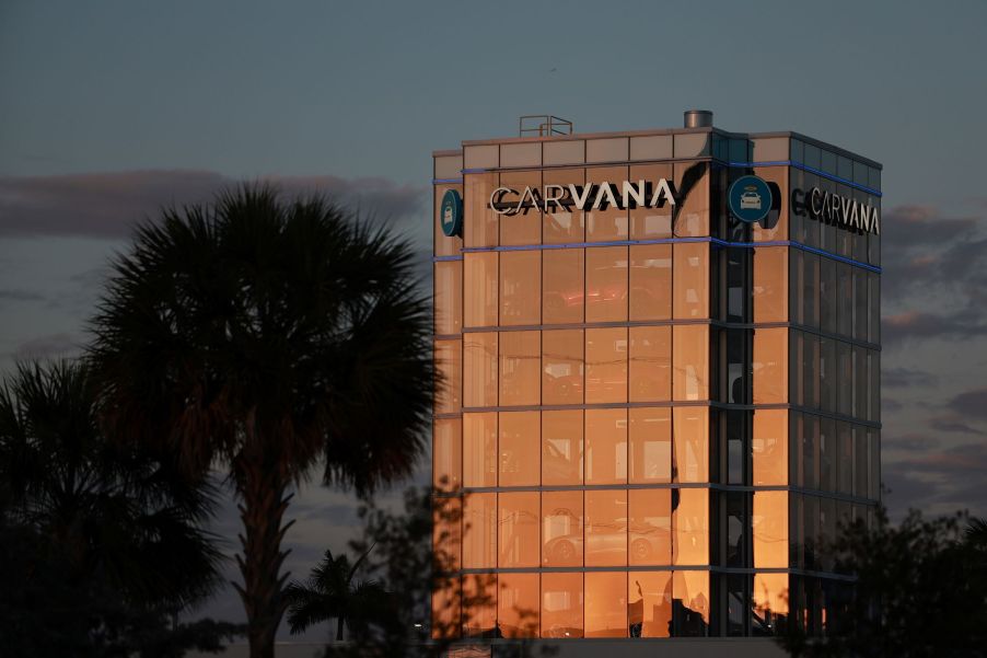 A Carvana building against a dark sky.