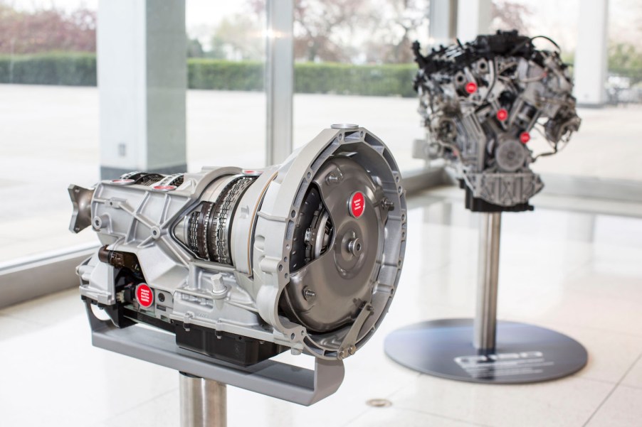 A Ford F-150 10-speed automatic transmission on display in a museum.