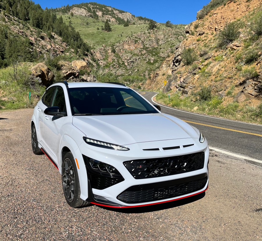 2022 Hyundai Kona N front view shot next to a mountain road