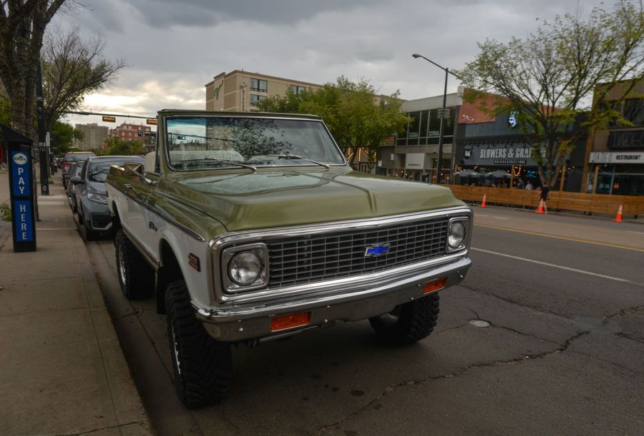 A Chevy K5 Blazer full-size SUV model parked on Whyte Avenue in Edmonton, Alberta, Canada