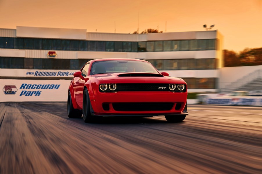 The Dodge Demon, here at a drag strip, is faster in many ways than the Hellcat.