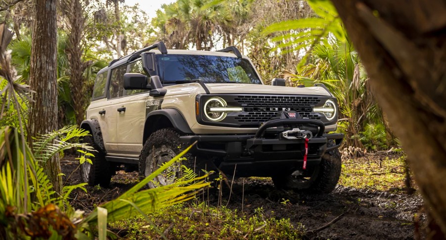 A 2022 Ford Bronco Everglades in Desert Sand Color is parked off-road.