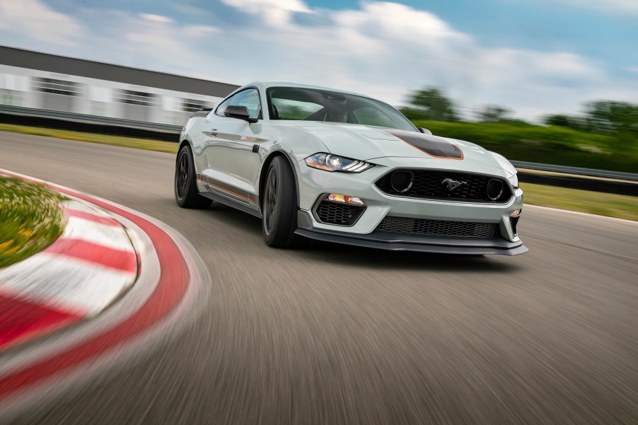 The Cadillac Blackwing and the Ford Mustang Mach 1, like this one at the track, is one of the fastest cars with a manual transmission.