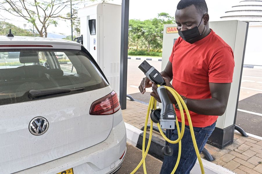 A Volkswagen e-Golf EV at a charging station at the Kigali Convention Centre in Kigali, Rwanda