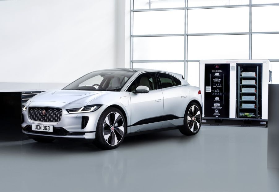 A Jaguar I-Pace luxury electric SUV testing a battery power energy storage unit