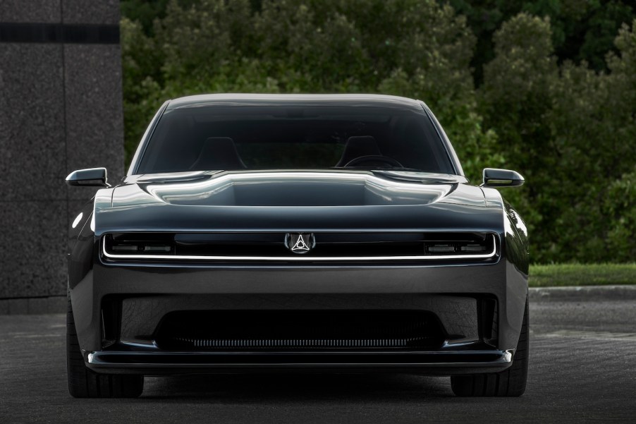 The front of the Charger Daytona SRT concept car with trees visible in the background.