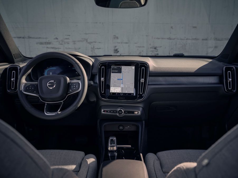 A 2023 Volvo XC40 Recharge all-electric compact SUV interior dashboard and infotainment screen