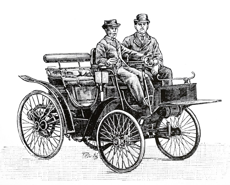 A black and white print of a very early Peugeot horseless carriage carrying a driver and a passnter.