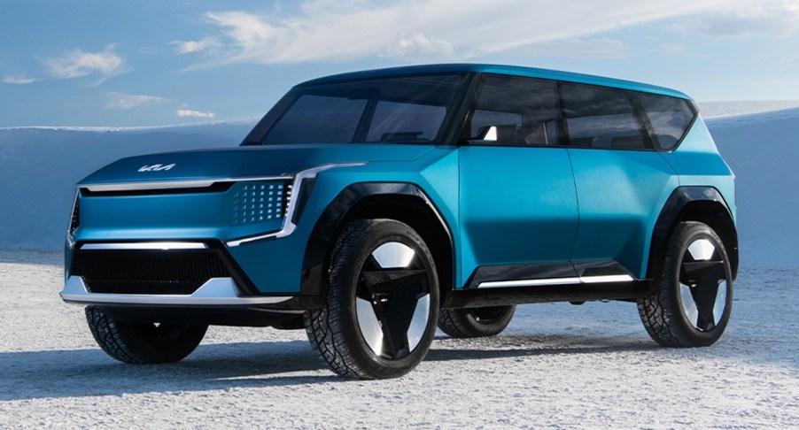 A blue 2024 Kia EV9 concept SUV.