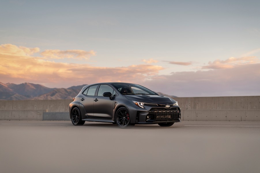 A 2023 Toyota GR Corolla Morizo parked at dusk