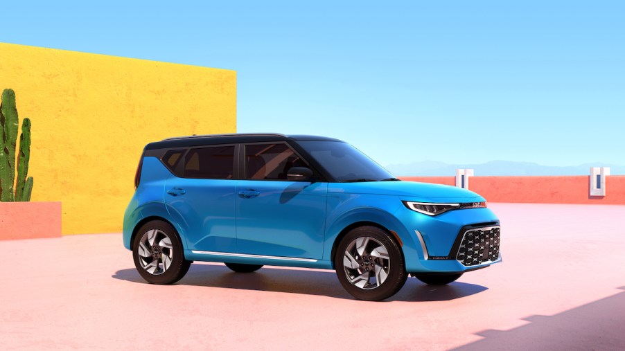 A blue 2023 Kia Soul outside.