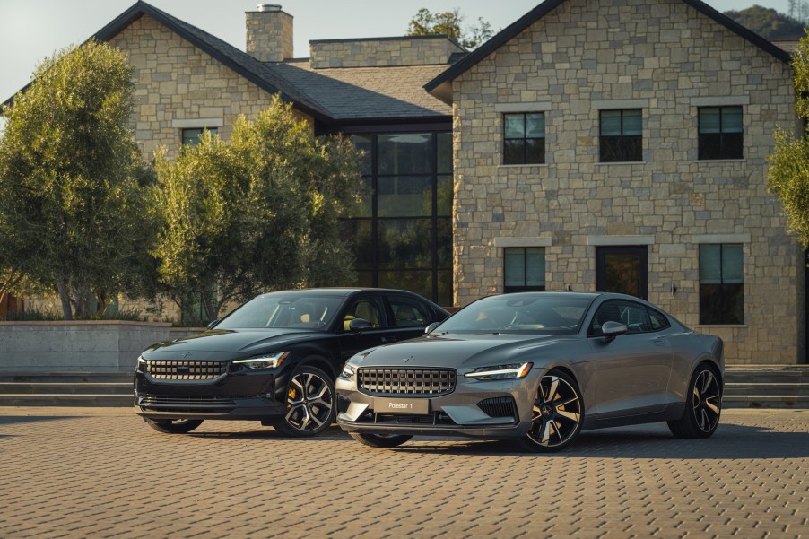 A Polestar2, left, and Polestar 1 parked