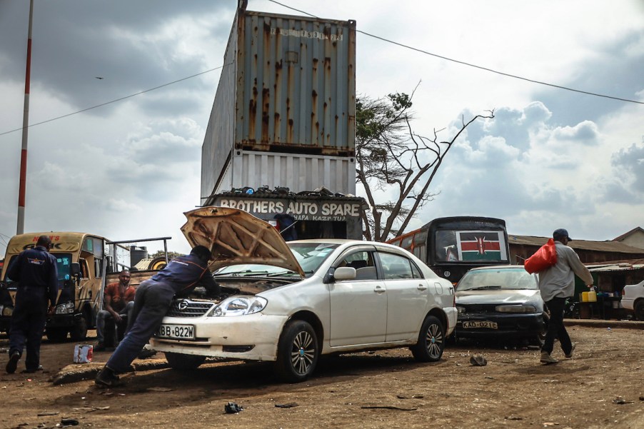 A person at a junk yard, that may want a fixer-upper, looking under the hood of a car.