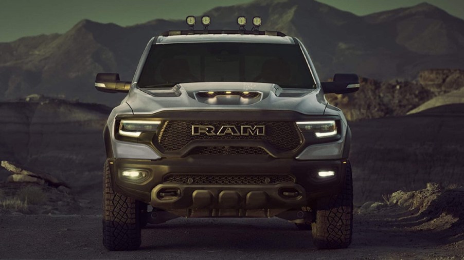 Front view of white 2023 Ram 1500 TRX, highlighting new Ram small pickup truck that could top Ford Maverick