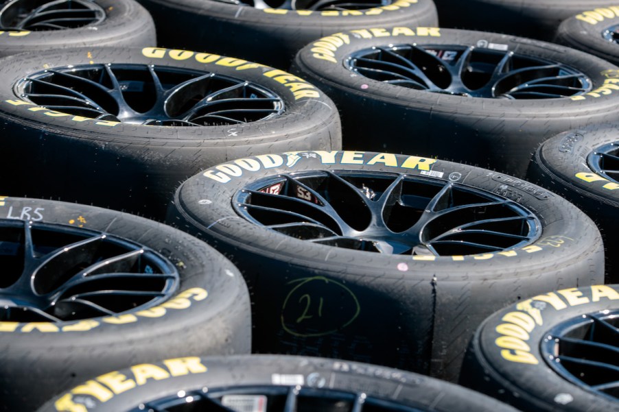 A group of Good Year tires laid out, possibly for people buying new tires.