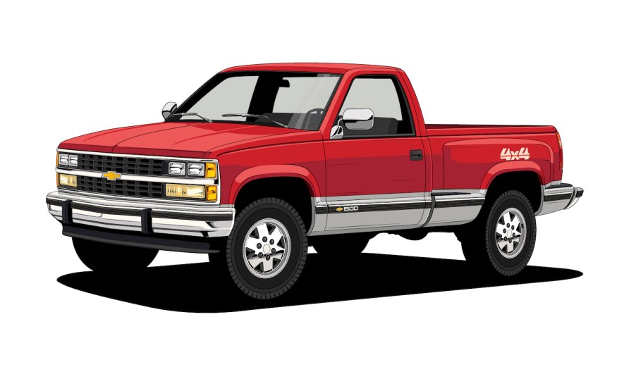 Red 1988 Chevrolet K1500 GMT400 classic pickup truck sketch by General Motors.