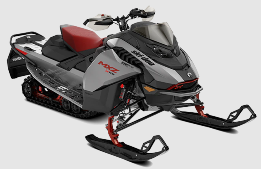 A red, black, and gray 2023 Ski-Doo MXZ snowmobile model