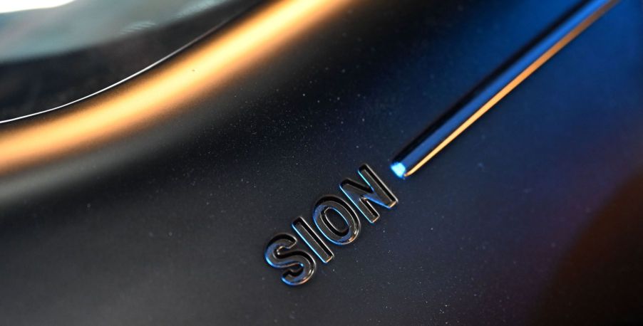 Badging for the Sion solar electric vehicle (SEV) from Sono Motors seen in Munich, Germany