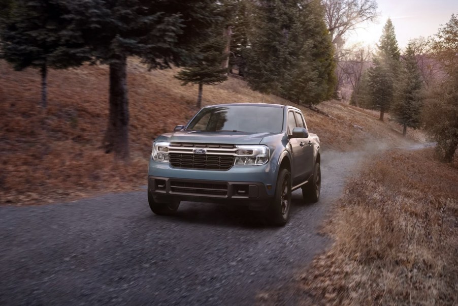 The 2023 Ford Maverick Hybrid on a gravel road