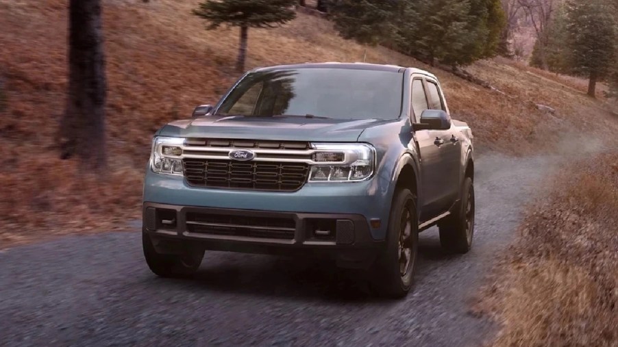 Front angle view of blue 2023 Ford Maverick, showing how no new American cars cost under $20,000 in 2023