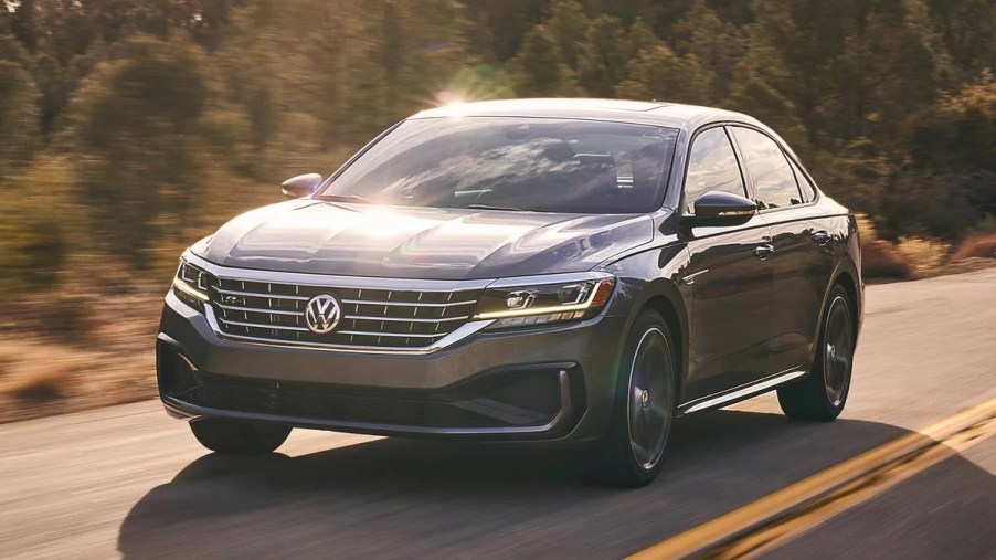 Front angle view of gray 2021 VW Passat, a great bargain for a used car