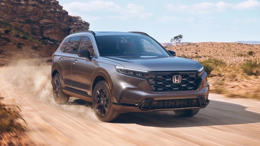 Front angle view of gray 2023 Honda CR-V crossover SUV