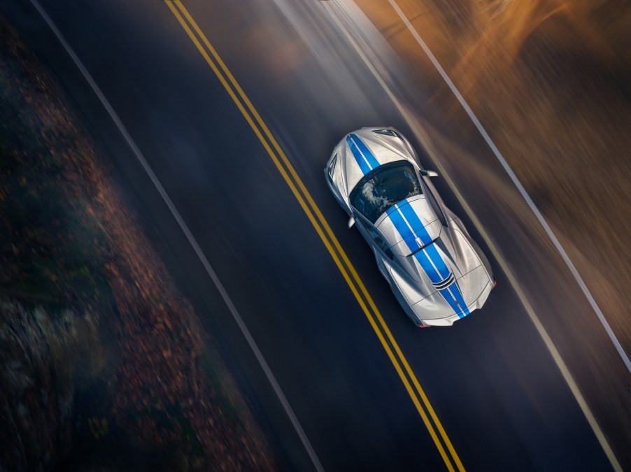 A top-down shot of the new 2024 Corvette E-Ray shows off styling similar to the 2022 Corvette Stingray Z51.