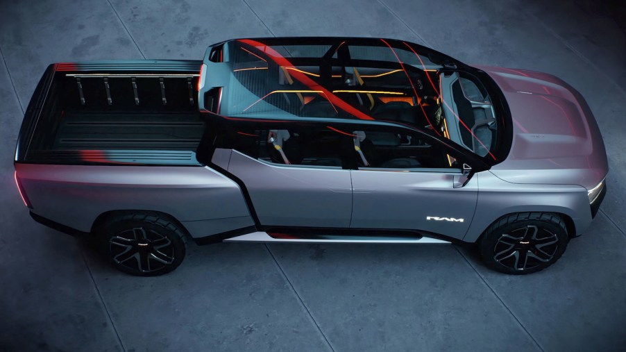 Birds-eye view of the Ram 1500 Revolution electric pickup concept with its glass roof and full-size truck bed.