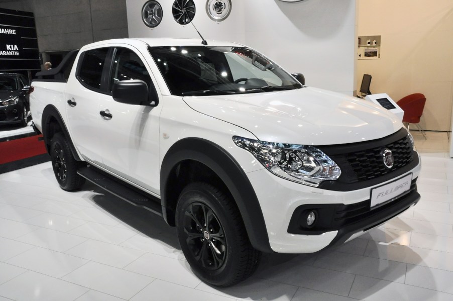 A white Fiat Fullback pickup truck is a vehicle not sold in the United States