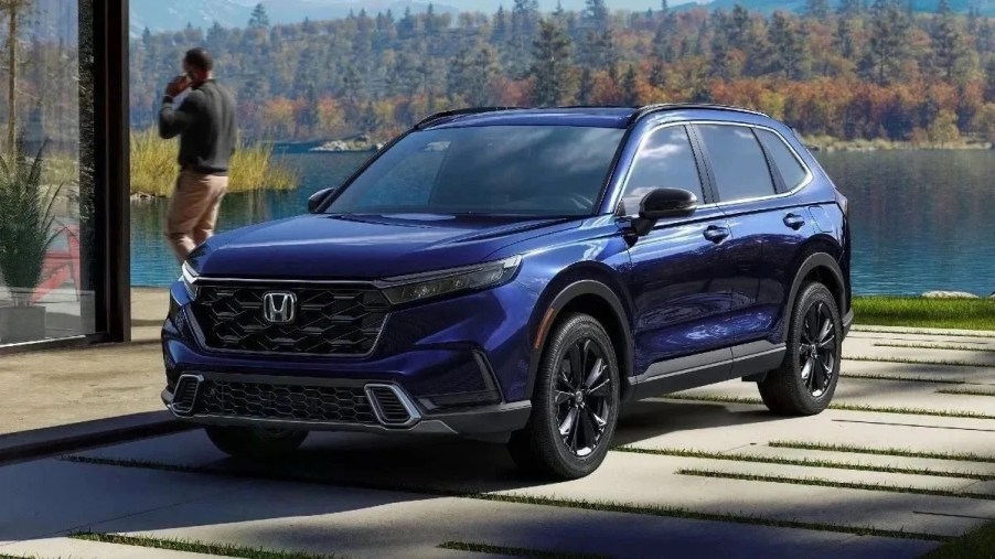 Front angle view of blue 2023 Honda CR-V crossover SUV