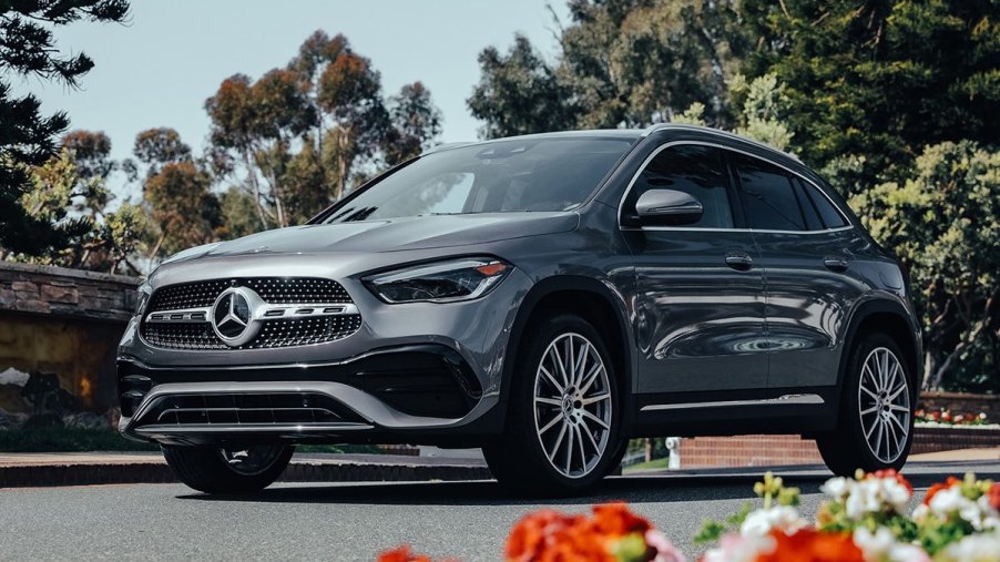 Front angle view of gray 2023 Mercedes-Benz GLA-Class luxury SUV, the cheapest new Mercedes-Benz car