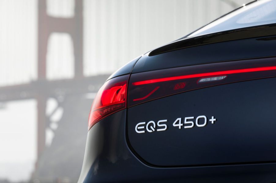 2022 Mercedes-Benz EQS 450+ rear badging with the Golden Gate Bridge in the background