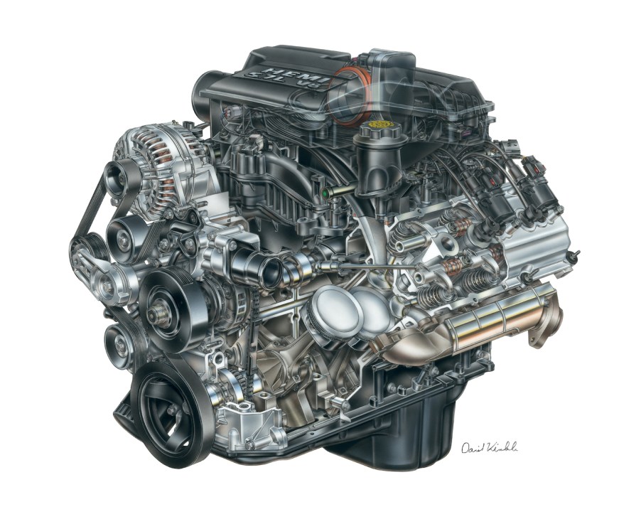 Hand-drawn cutaway of a 5.7-liter Hemi V8 engine from a Ram truck published by Dodge and Stellantis.