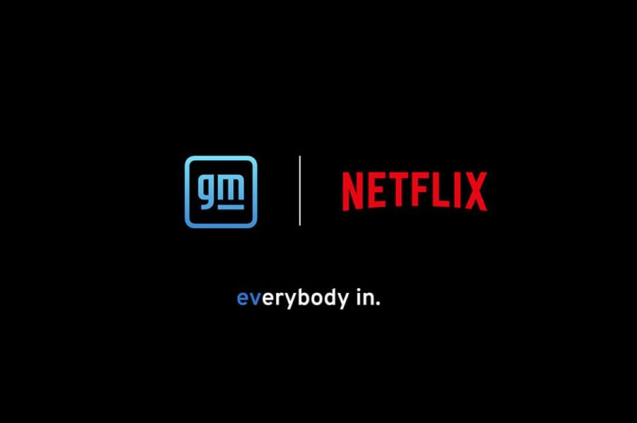 The General Motors (GM) and Netflix EV (electric vehicle) partnership banner for car advertisements announcement