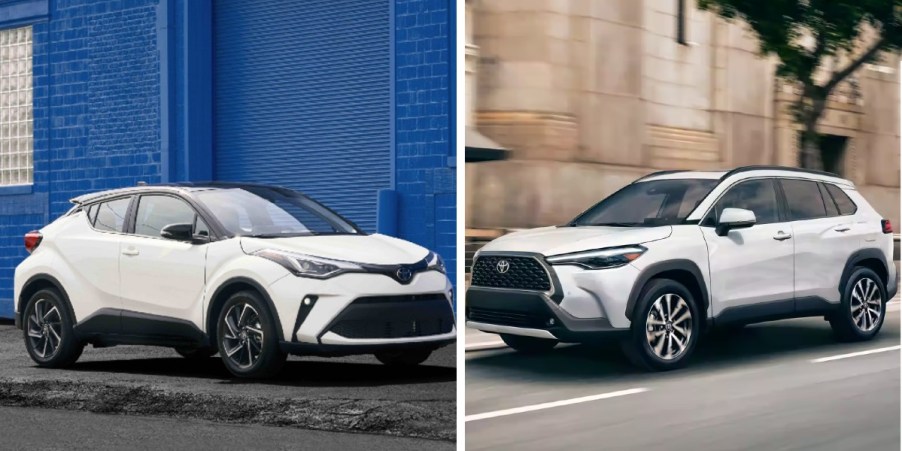 A white 2022 Toyota C-HR(L), a white 2023 Toyota Corolla Cross (R).