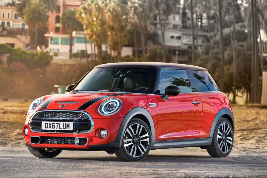 A red 2021 Mini 2-Door Hardtop city car model