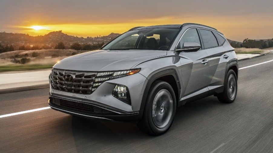 Front angle view of 2023 Hyundai Tucson Plug-In Hybrid Limited compact SUV, showing how much fully-loaded one costs