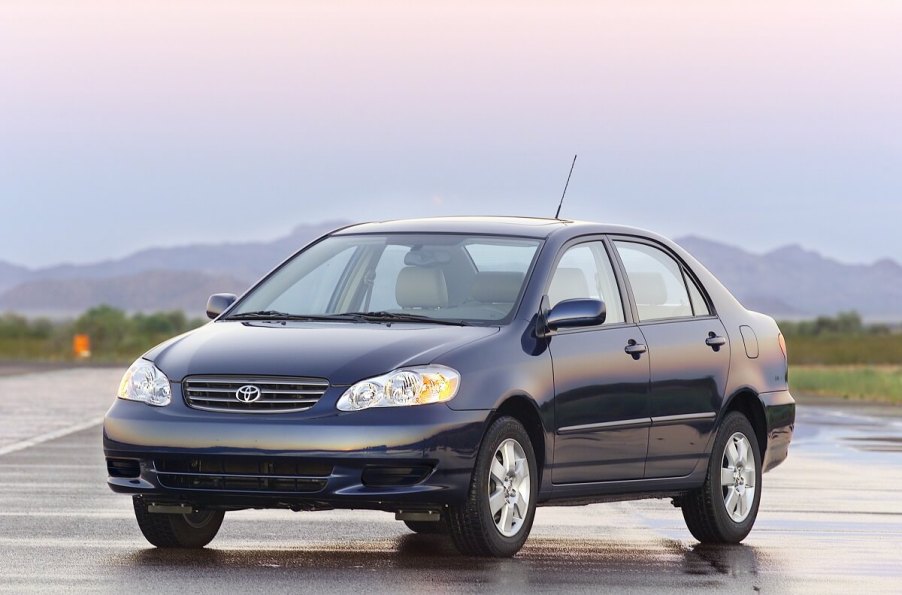 A used 2003 Toyota Corolla parks on a flight line.