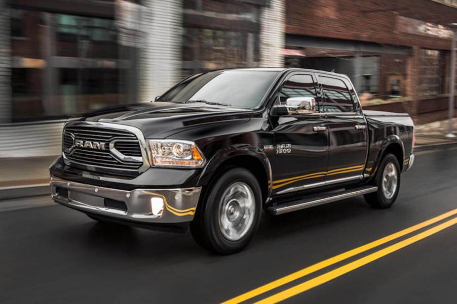 Black 2018 Ram 1500 on city street