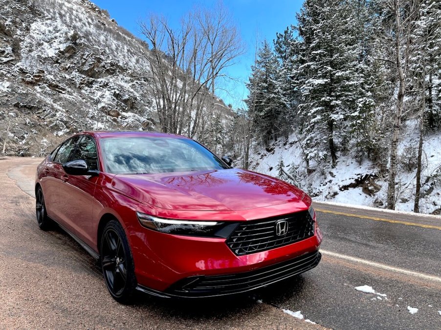 2023 Honda Accord Hybrid front view in a canyon.