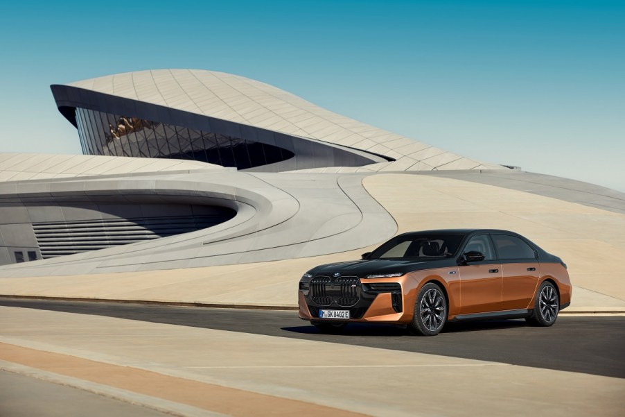 The new BMW i7 M70 in black and gold parked at Spaceport America