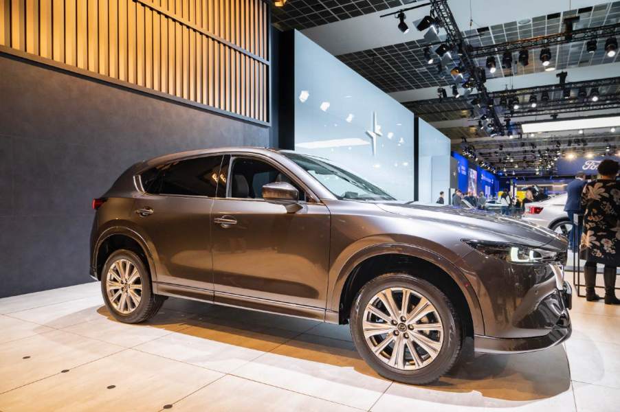 A gray Mazda CX-5 on display at an auto show. The CX-5 is one of the best small SUVs in 2023