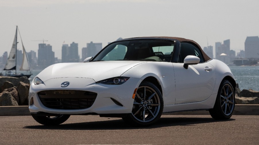 Front view of 2023 Mazda MX-5 Miata sports car, most reliable Mazda car, says Consumer Reports, not Mazda3 or CX-5